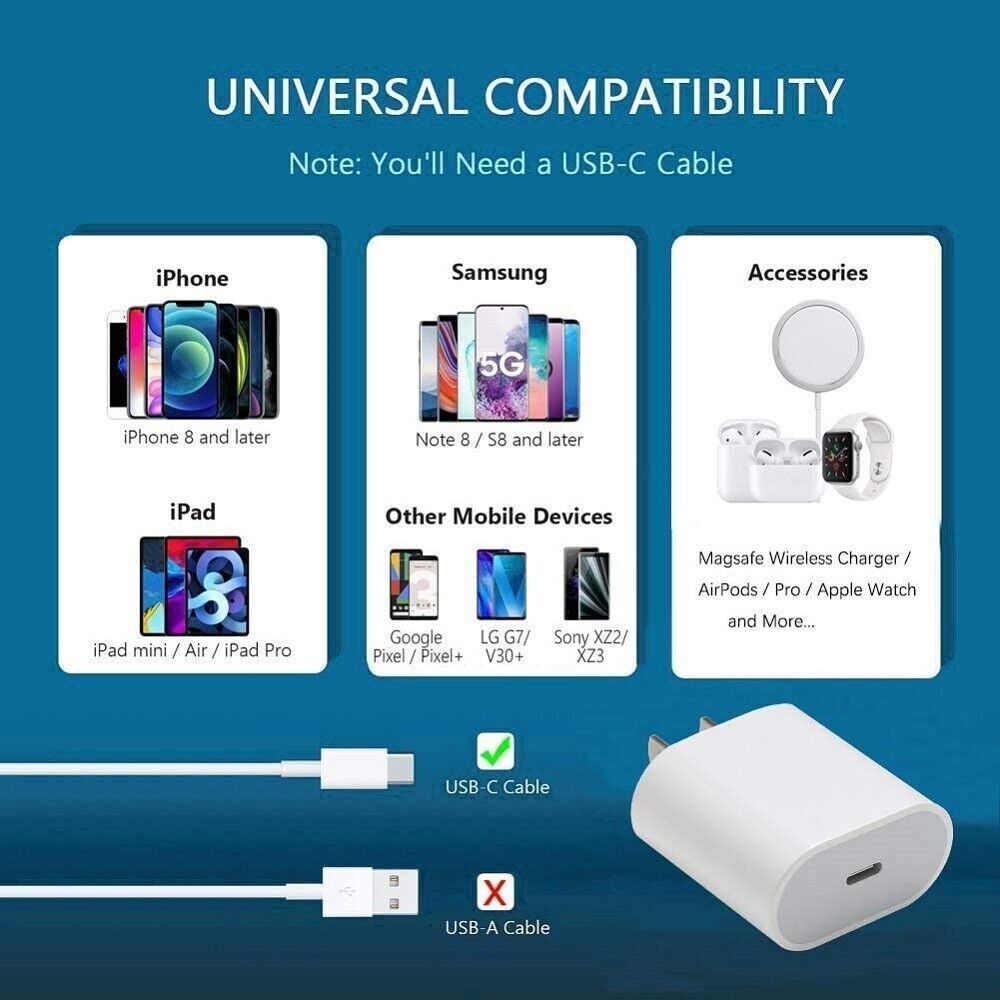 ⚡ 20W USB-C Fast Charger PD Adapter Cable For iPhone 14/13/12/11 XR X Pro iPad