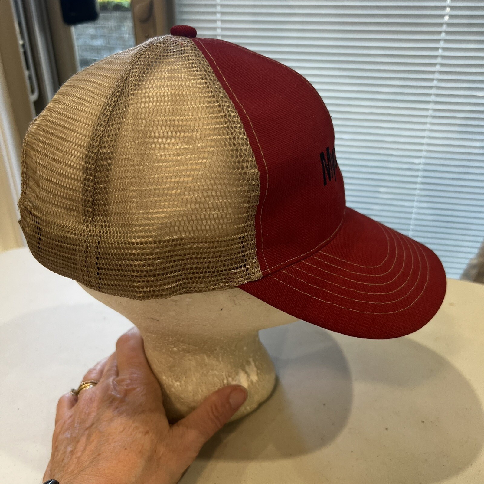 Mycogen Seed in Black on Red Gray Mesh Trucker Hat Cap Hook Loop EUC