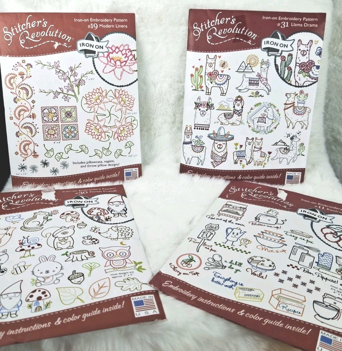 Stitcher’s Revolution 4 Iron On Embroidery Patterns Llama Floral Woodland Kitchy