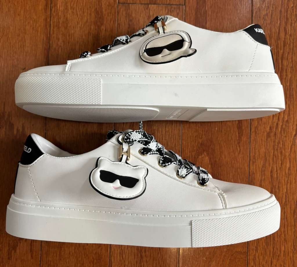 Karl Lagerfeld Paris Carabay White Cat and Karl Pins Lace Up Womens Sneakers