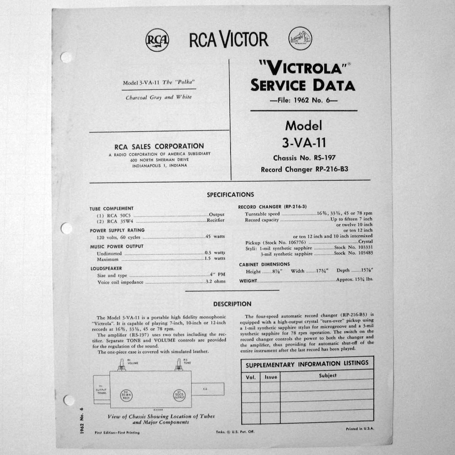 RCA ® Model 3-VA-11 Record Player Changer Service Sheet © 1962