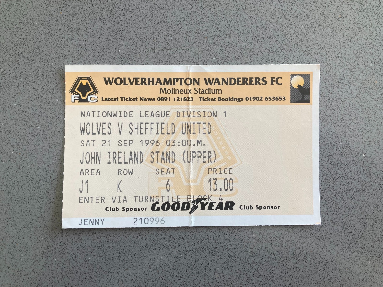 Wolverhampton Wanderers v Sheffield United 1996-97 Match Ticket