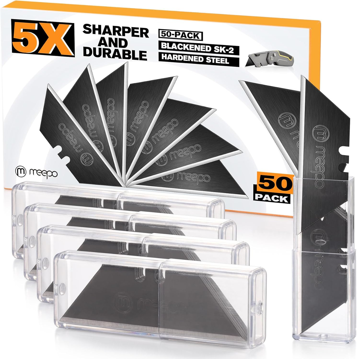 50-Pack Utility Knife Blades, Blackened SK-2 Razor Blades for Box Cutter Utility