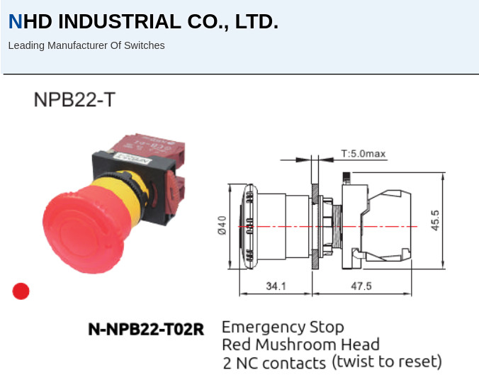 NHD N-NPB22-T02R Emergency Stop, Red Mushroom Head, (2) NC contacts, twist reset