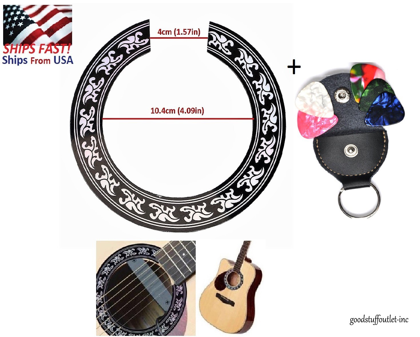 Circle Sound Hole Inlay Decal For 40 41 " Acoustic Guitars + Guitar Picks