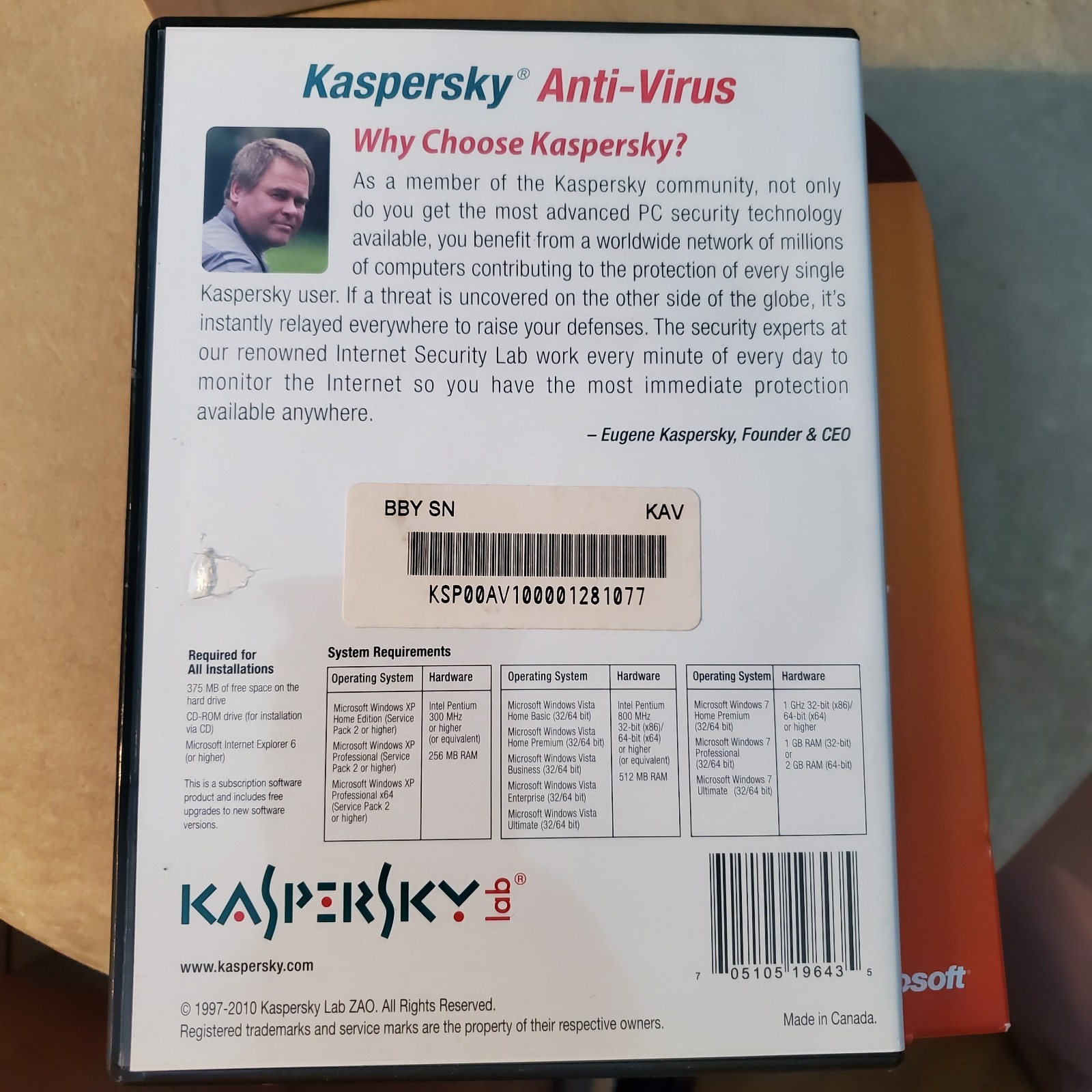KASPERSKEY Lab Anti-Virus 2010 Protection PC Computer Security Software & Code