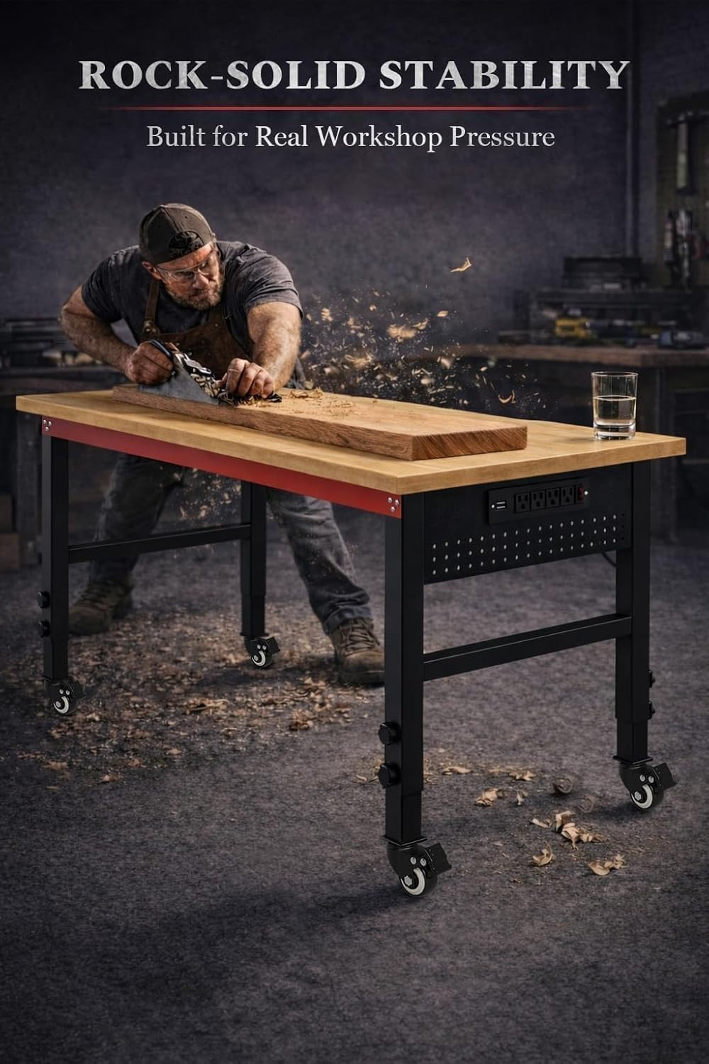 48" Workbench with Wheels, Adjustable Height Workbench with Power Strip & Pegboa