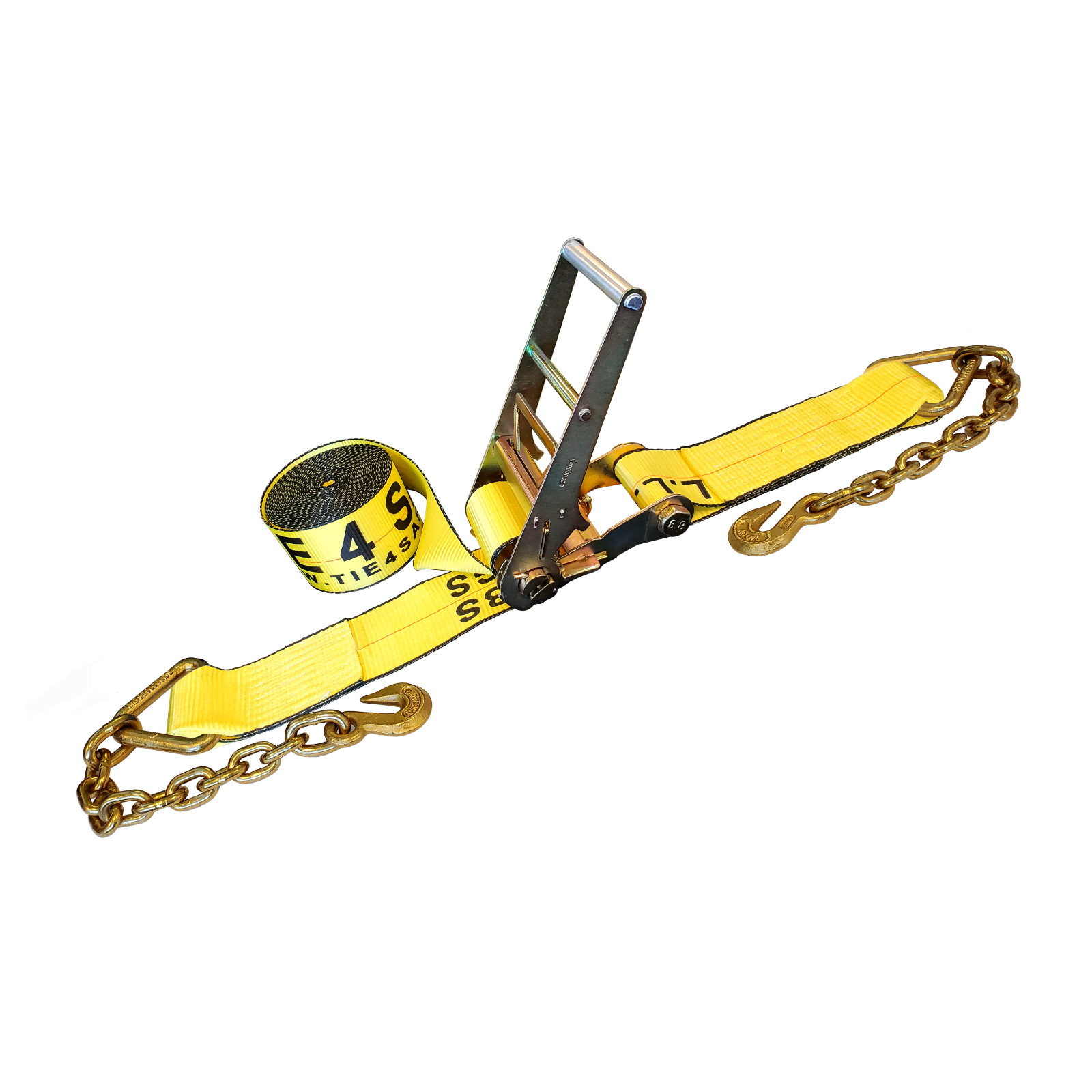 1 Pack USA 4" x30' Ratchet Strap W/Chain Extension Flatbed Truck Tie Down Yellow