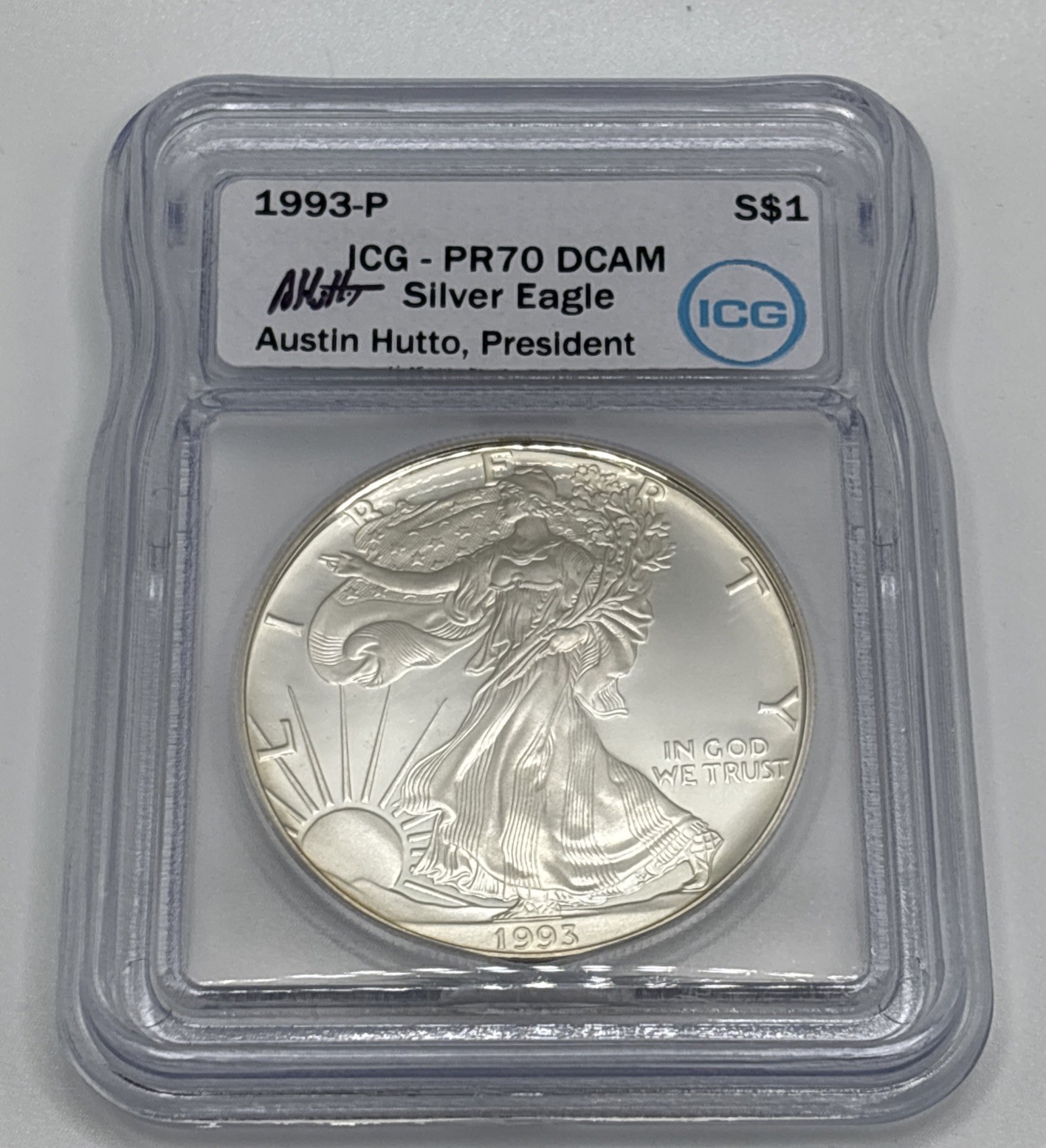 1993 P American Silver Eagle 1oz ICG PR70DCAM Austin Hutto Signed