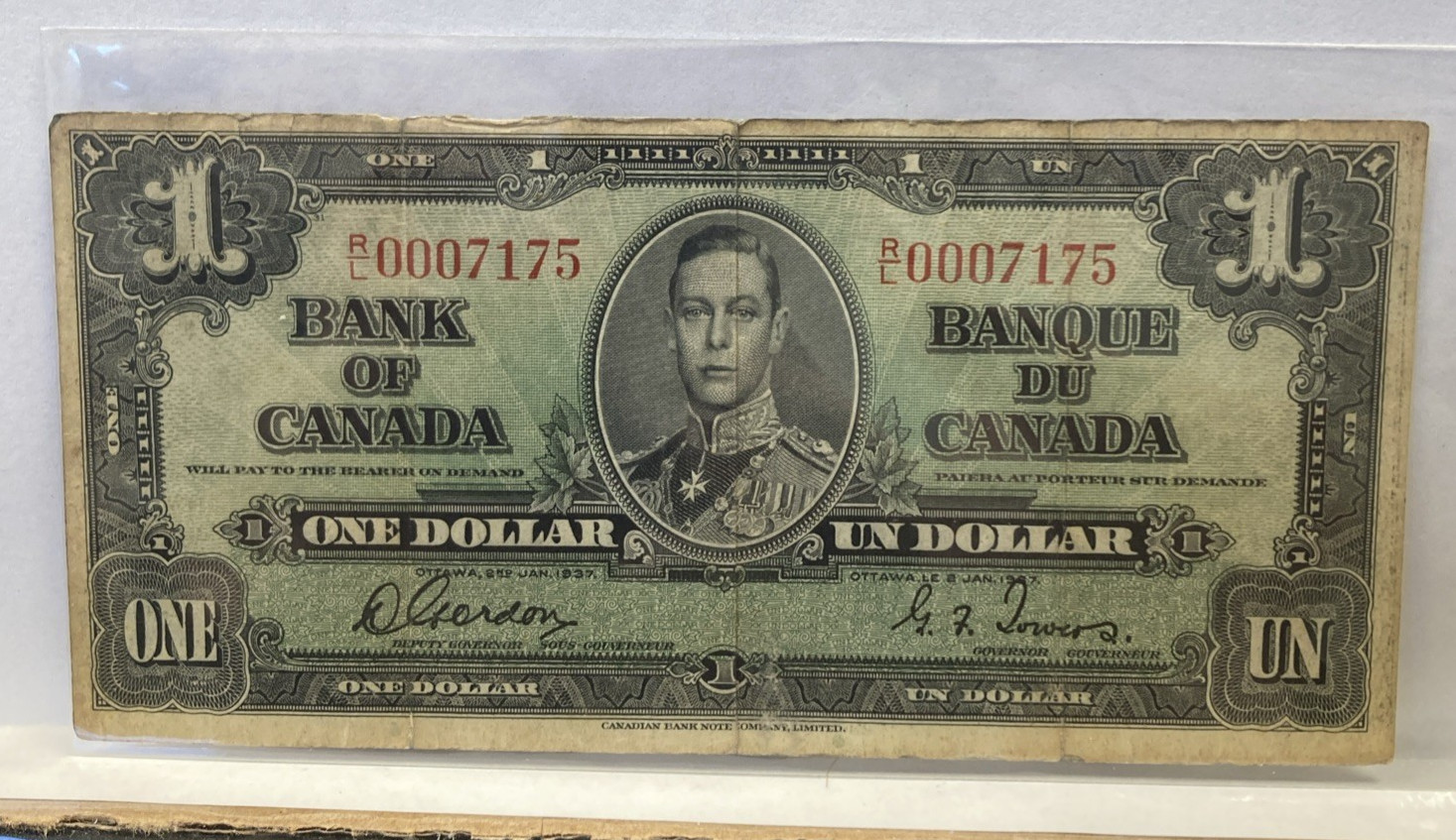 1937 CANADA The Bank of Canada $1.00 NOTE, Gordon-Towers P-58  R/L0007175
