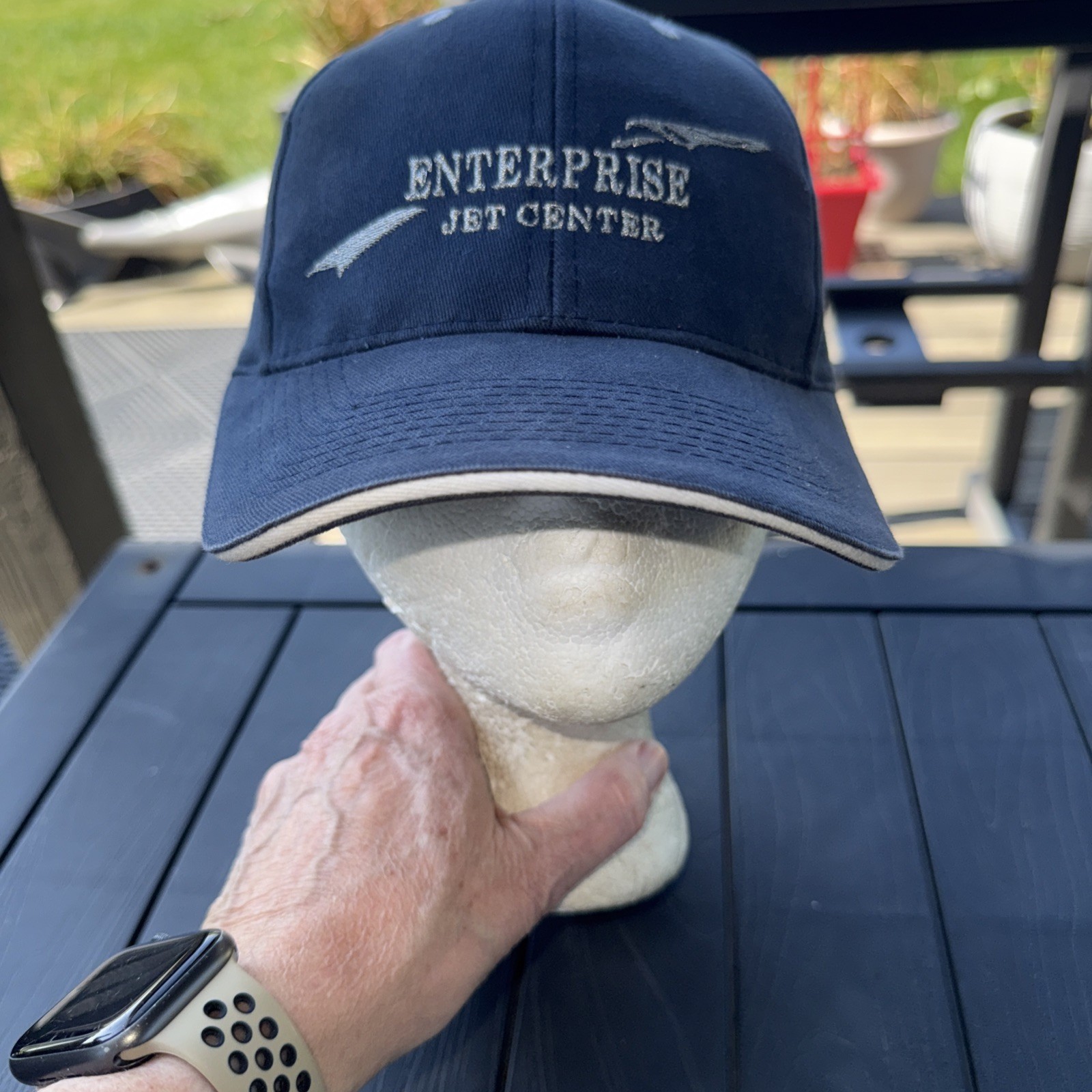 Enterprise Jet Center w Jet in Silver on Blue Hat Cap KHOU on Back Hook Loop