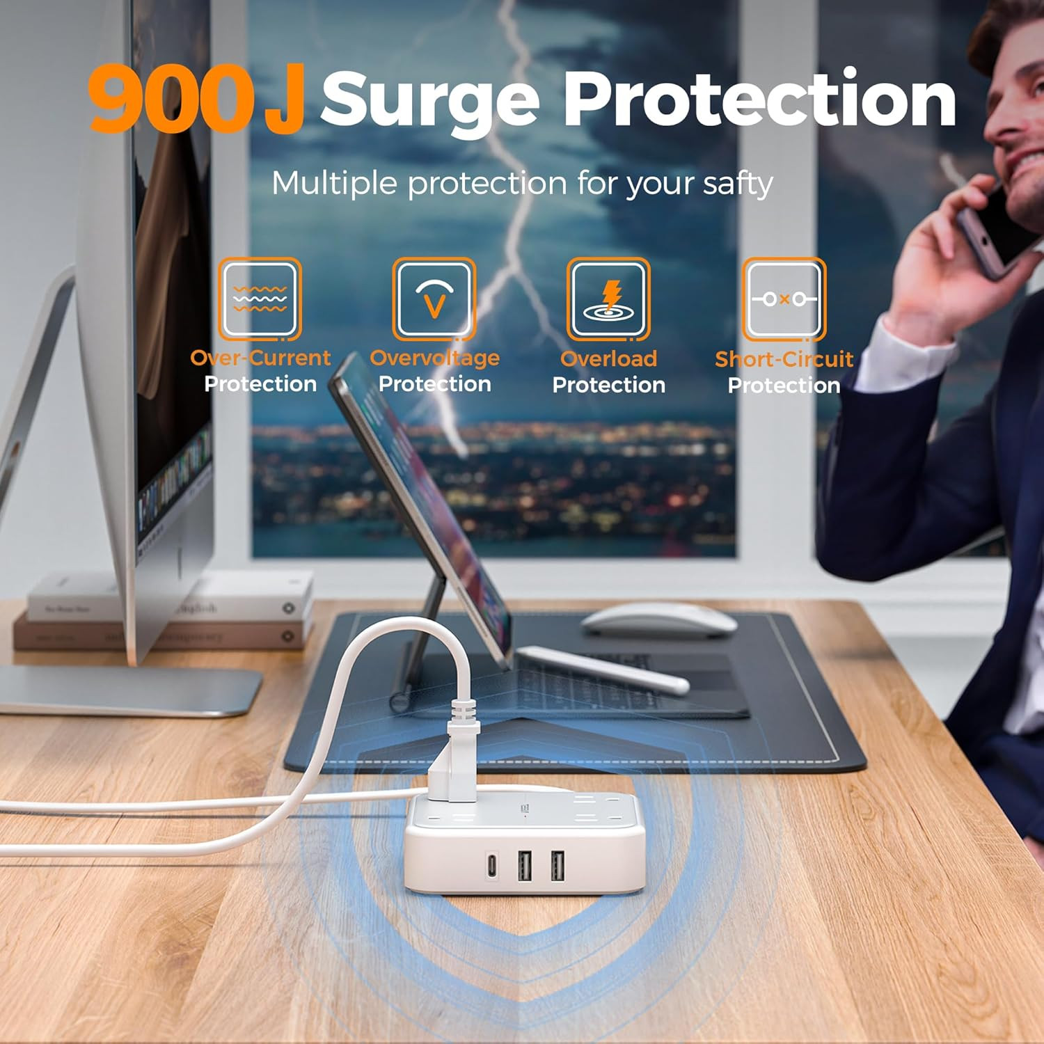 Flat Plug Extension Cord 5 Ft, Surge Protector Power Strip Ring Pull with 3 USB