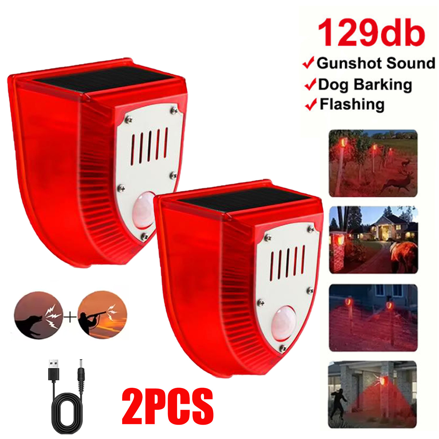 2Pcs Solar Alarm Strobe Light Gunshot Sound Outdoor 129db for Home Villa Yard