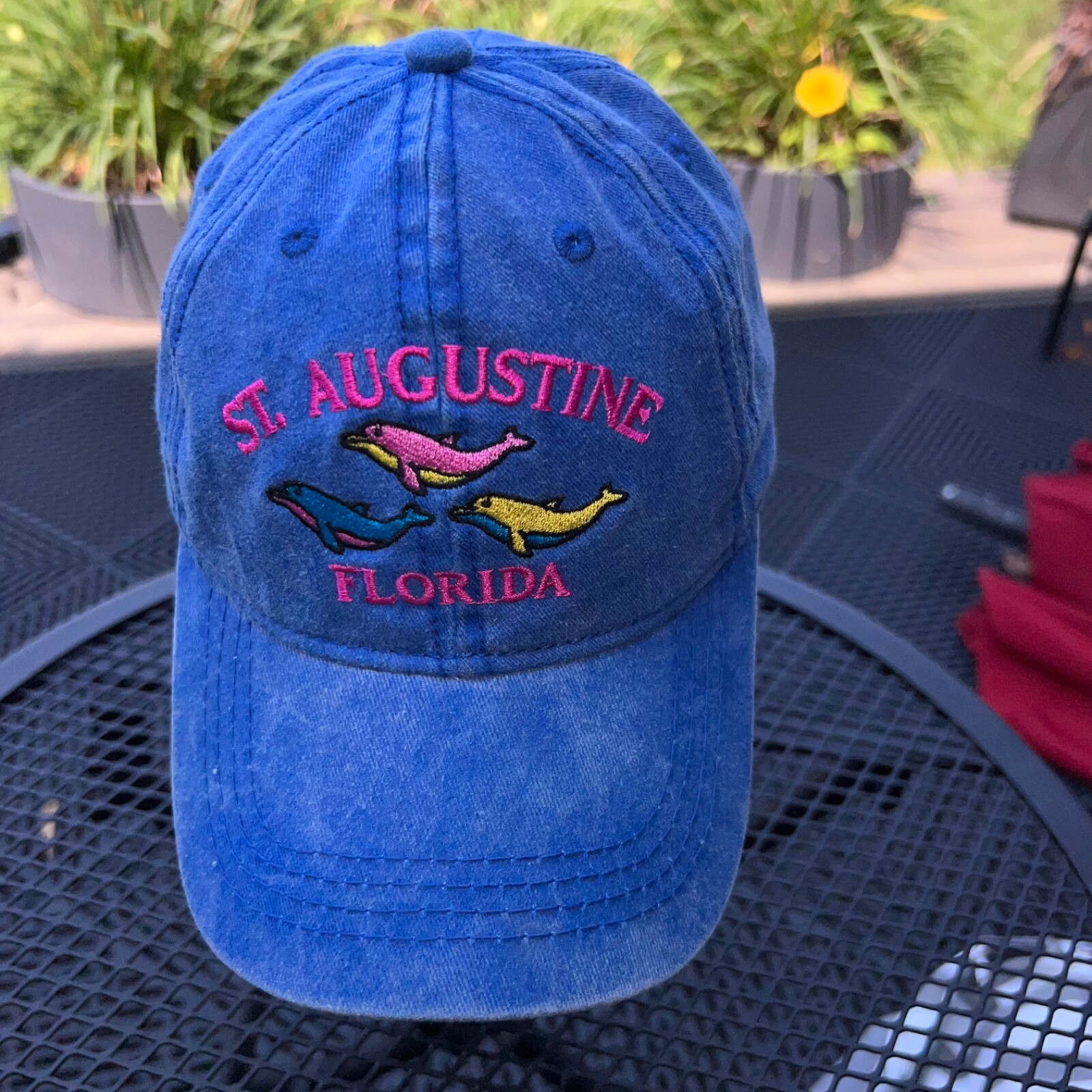 St. Augustine Florida in Pink w 3 Dolphins on Blue washed out Hat Cap Hook Loop