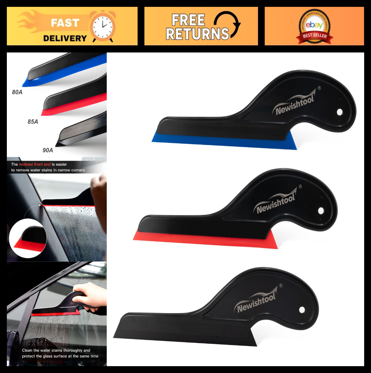 3 PCS Window Tint Tools - Silicone Squeegee Set, Long Handle Water Blade for Aut