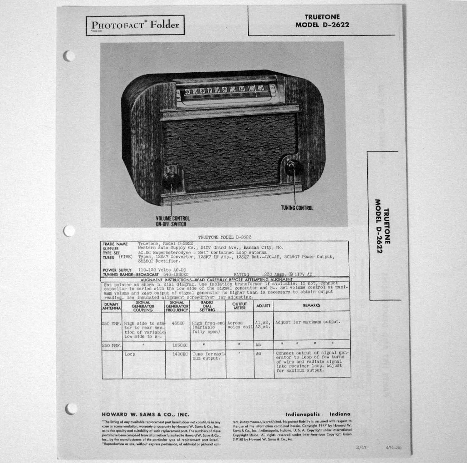 Truetone Model D-2622 AM Radio - SAMS Photofact ™ 1947 - New NOS