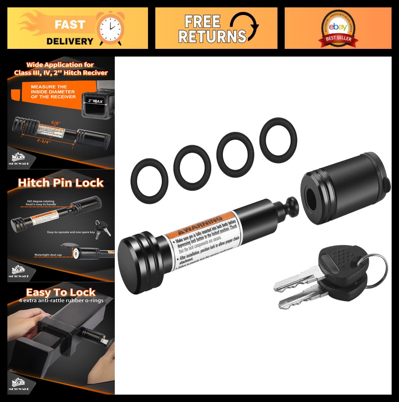 Heavy-Duty Trailer Hitch Lock - 5/8" Dia Anti-Theft Pin for 2" Receiver Tubes