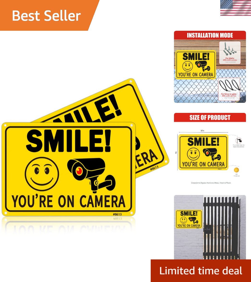 High Visibility 2-Pack Smile! You're On Camera Signs - Rust-Free Aluminum, 10x7