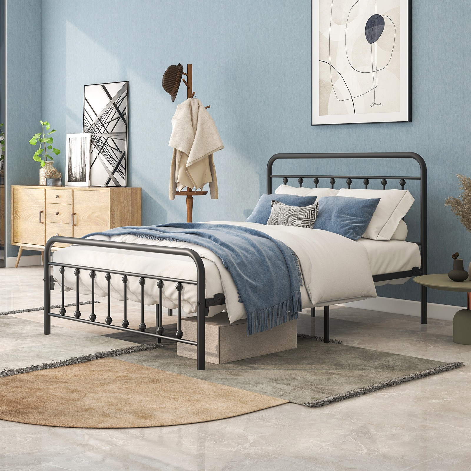 Full Size Metal Platform Bed Frame with Petal Accented Headboard