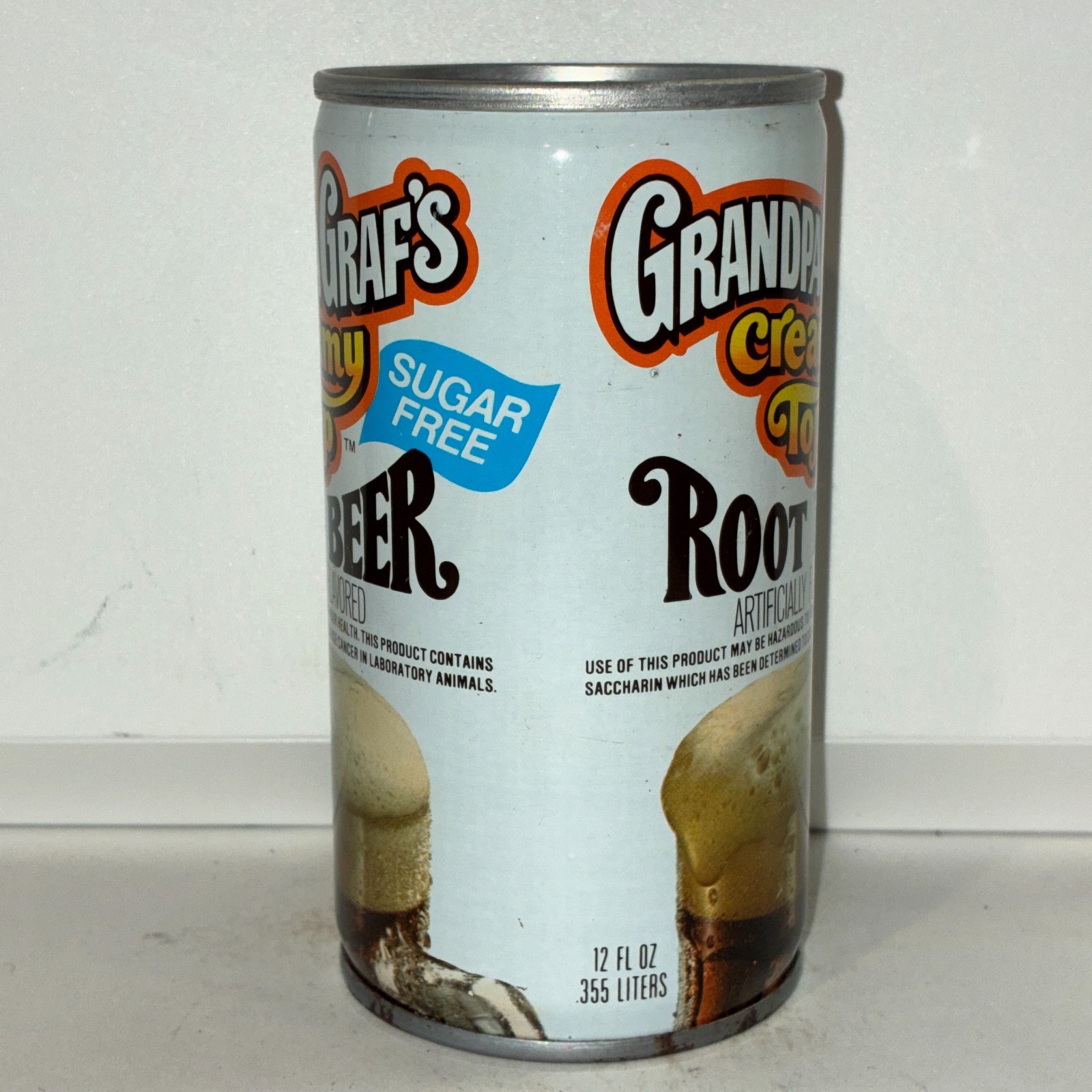 Grandpa Graf's Sugar Free Root Beer soda can, bottom opened
