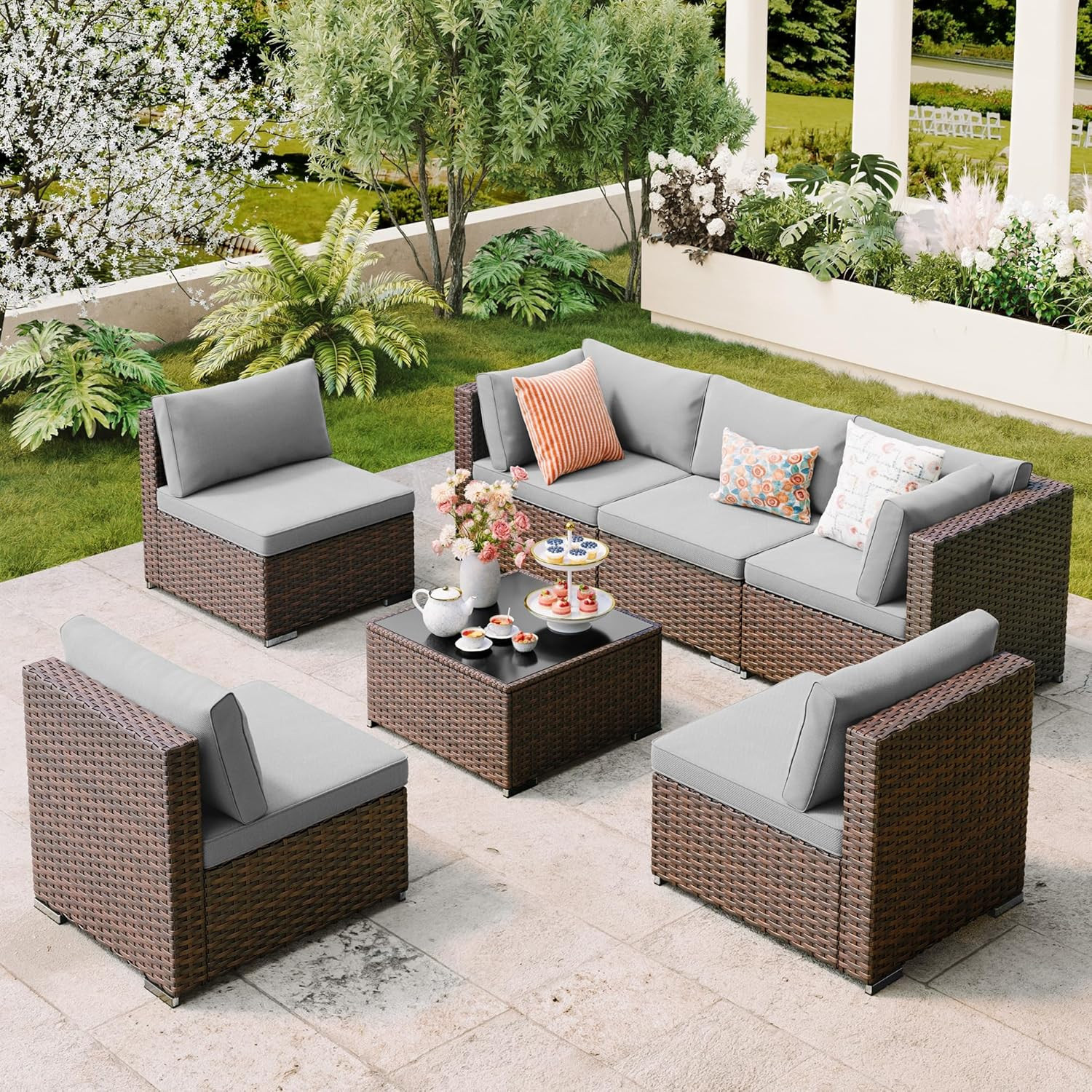 Qsun 7 Pieces Outdoor Patio Furniture Set, PE Rattan Outdoor Wicker Sectional Fu