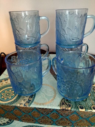 Beautiful Set of 6 Vintage  KIG Indonesia embossed coffee mugs. Ice Blue.