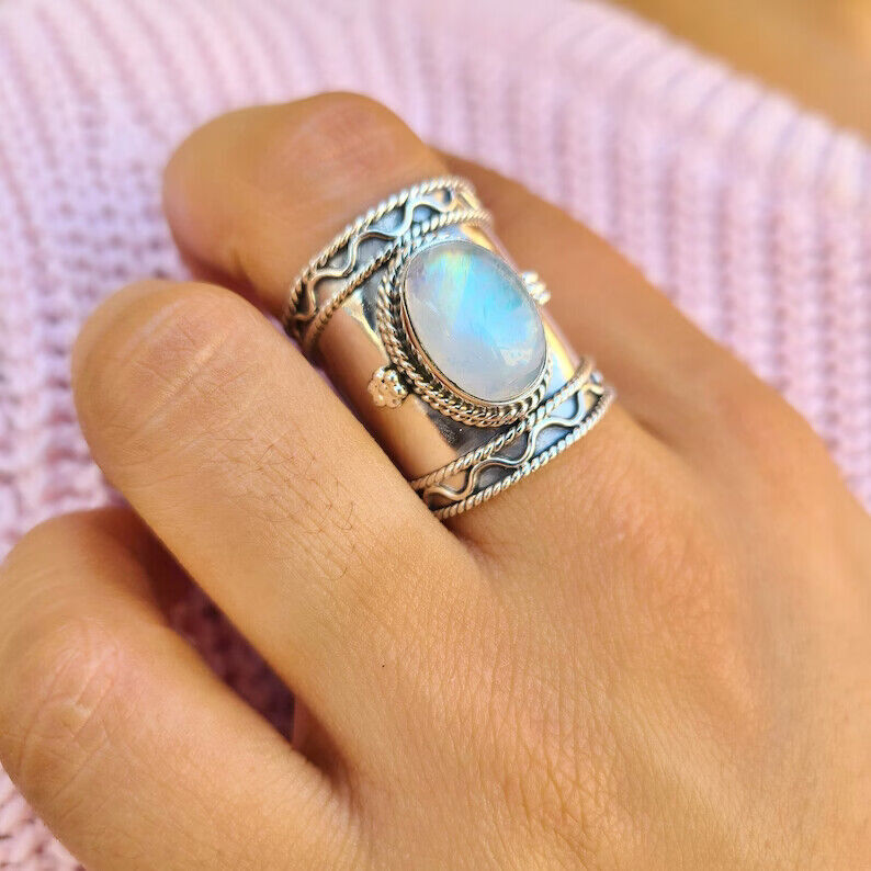 Solid 925 Silver Rainbow Moonstone Ring Handmade Jewelry Boho Ring All Size SR27