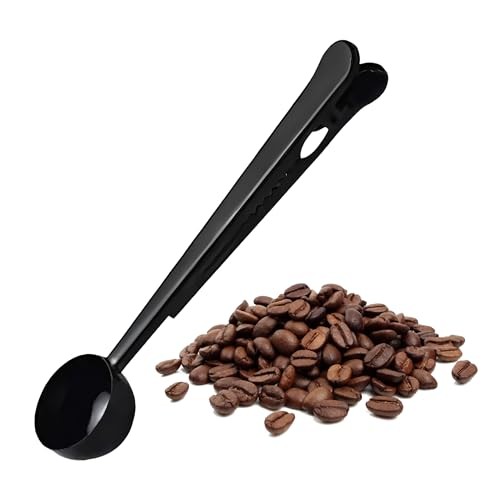 Coffee Bean Measuring Spoon with Bag Clip | Stainless Steel Coffee Scoop Black