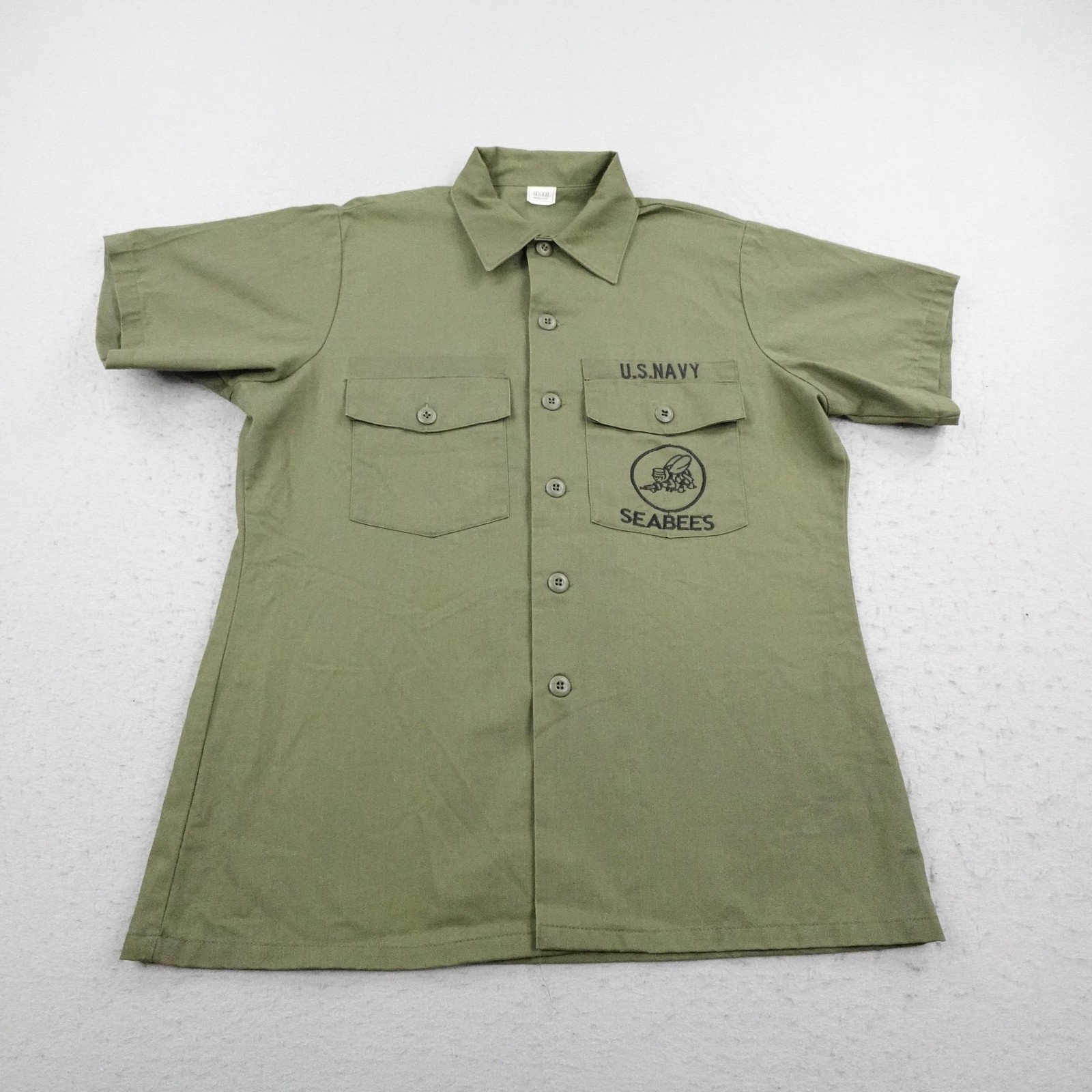 Vintage US Navy Shirt Mens Large Green USN Seabees Utility OG-507 Military 80s 5