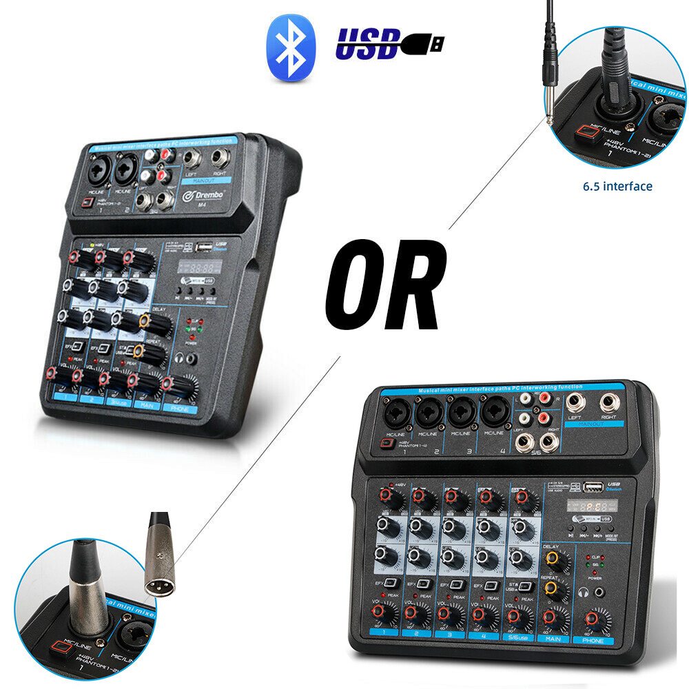 6Channel Live Audio Mixer Bluetooth USB DJ Sound Mixing Console Amplifier Studio