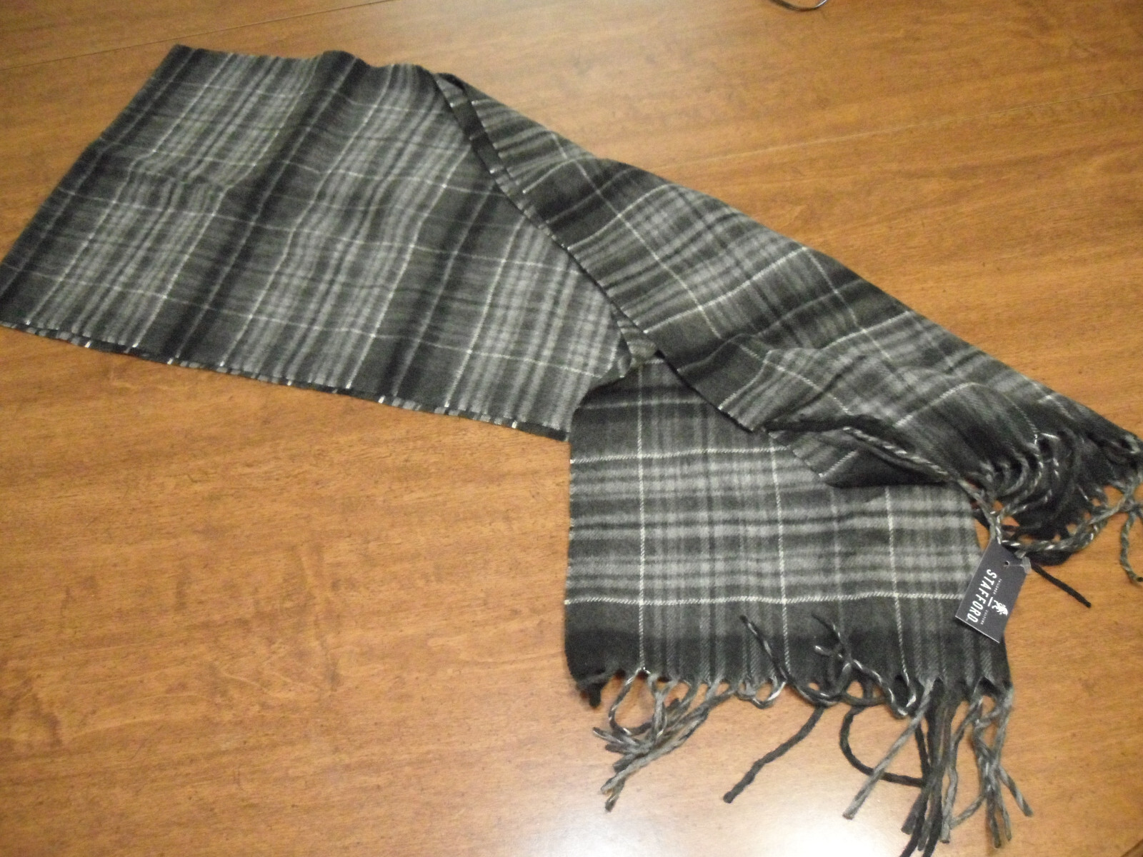 Stafford Mens Scarf Plaid Black Gray 11 1/2"  x 62"  NWT