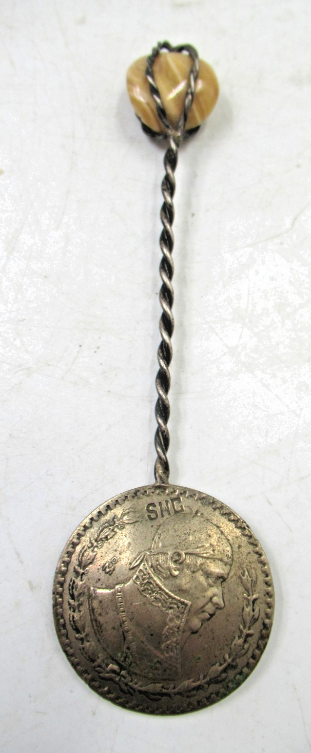 Vintage Spoon 1962 Mexican Peso Jose Maria Morelos Coin Twisted Handle w/ Stone