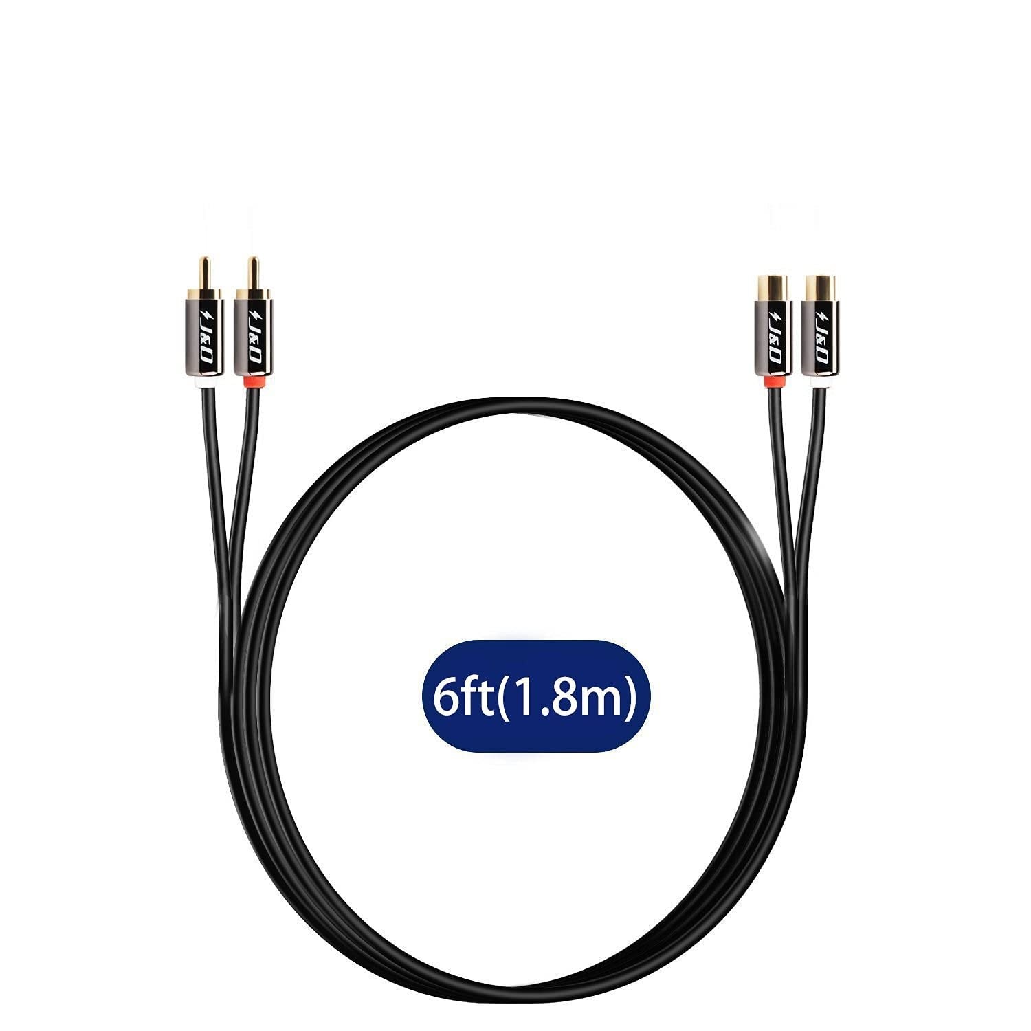 J&D 2 RCA Extension Cable, Gold Plated Copper Shell Heavy 6 Feet