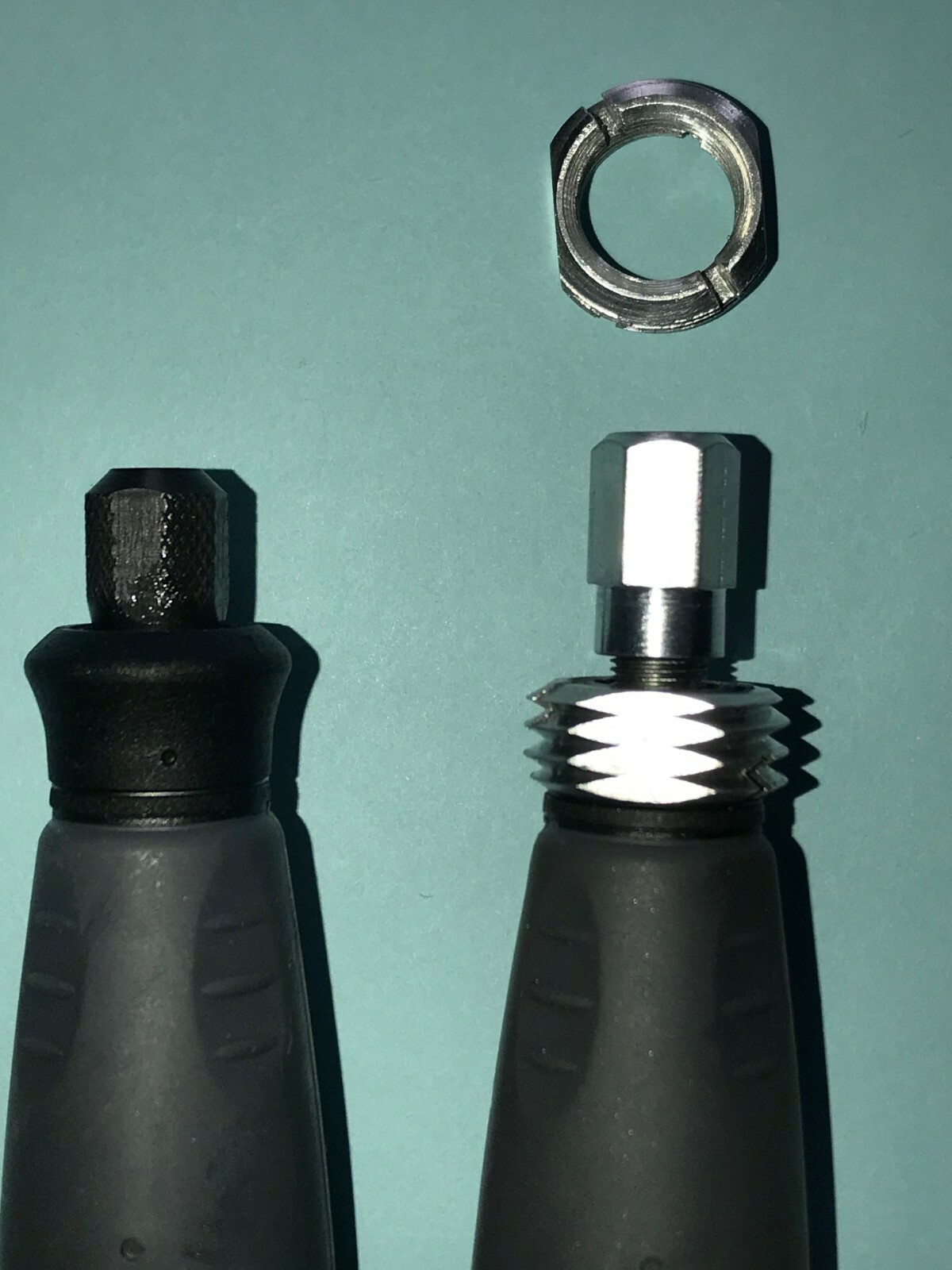 Threaded adapter join multiple rotary tool flex shafts together. Longer cable