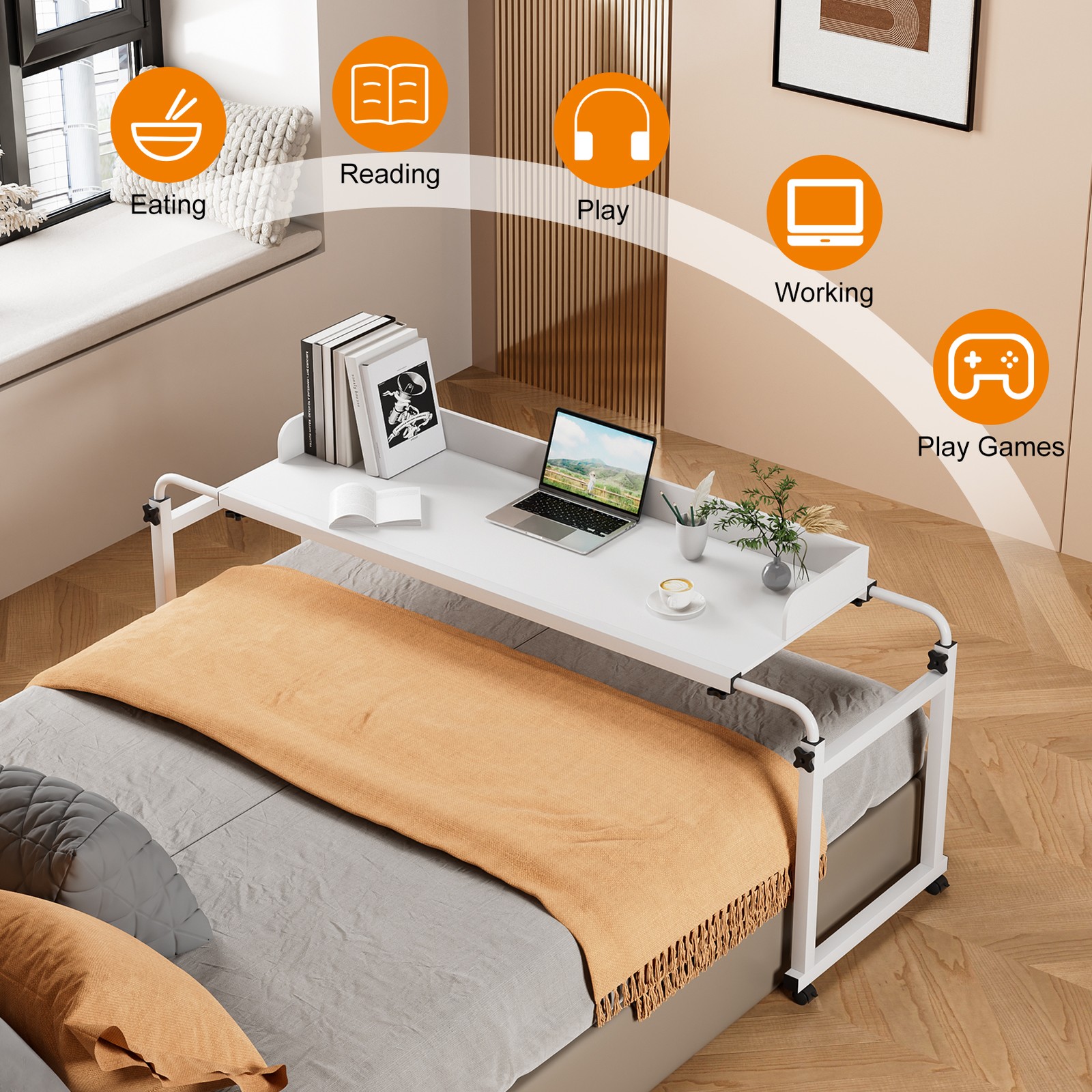 Overbed Desk with Adjustable Length & Height Queen Over The Bed Table on Wheels