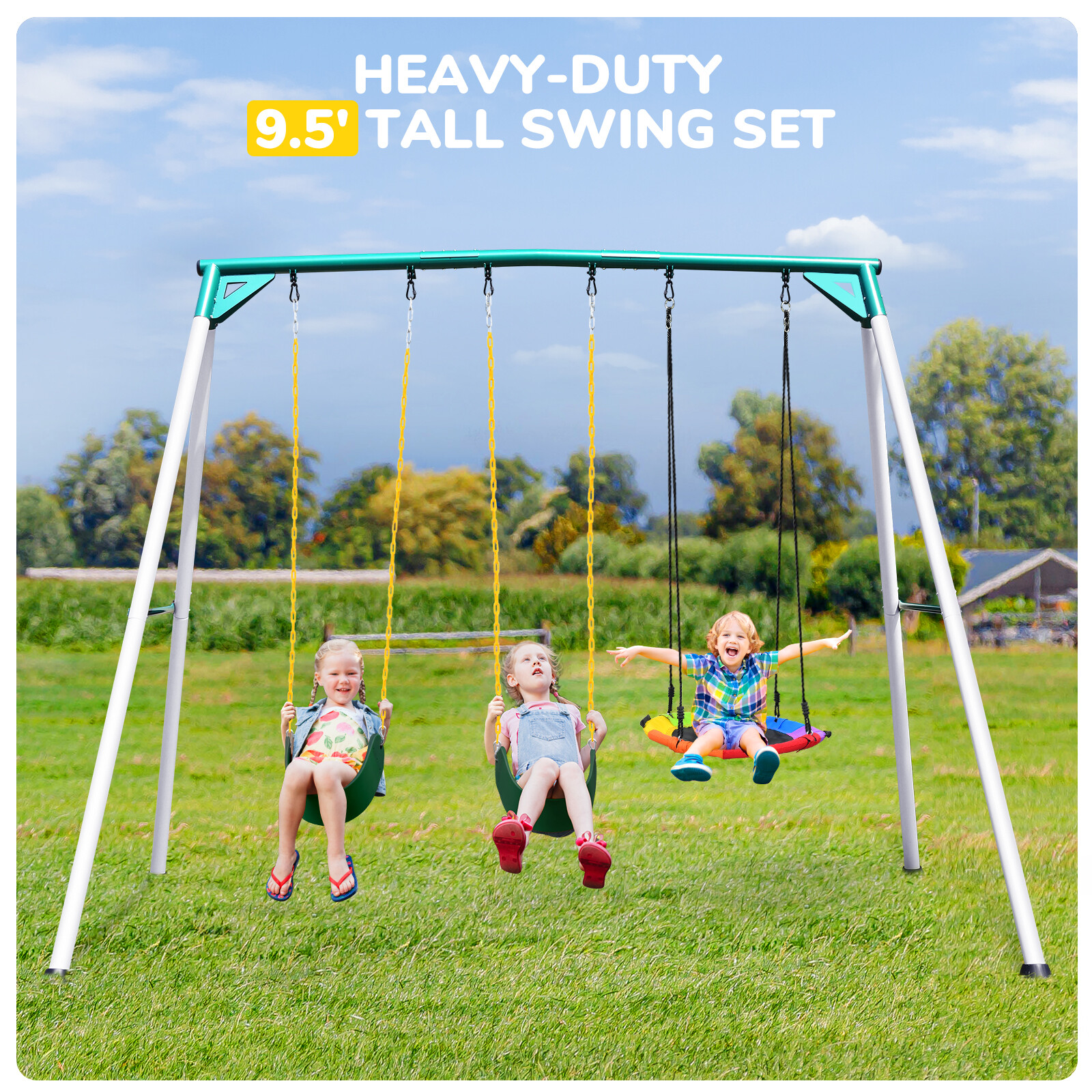700LBs Heavy Duty A-Frame Metal Swing Set with 3 Swings Kids Adult Backyard Play
