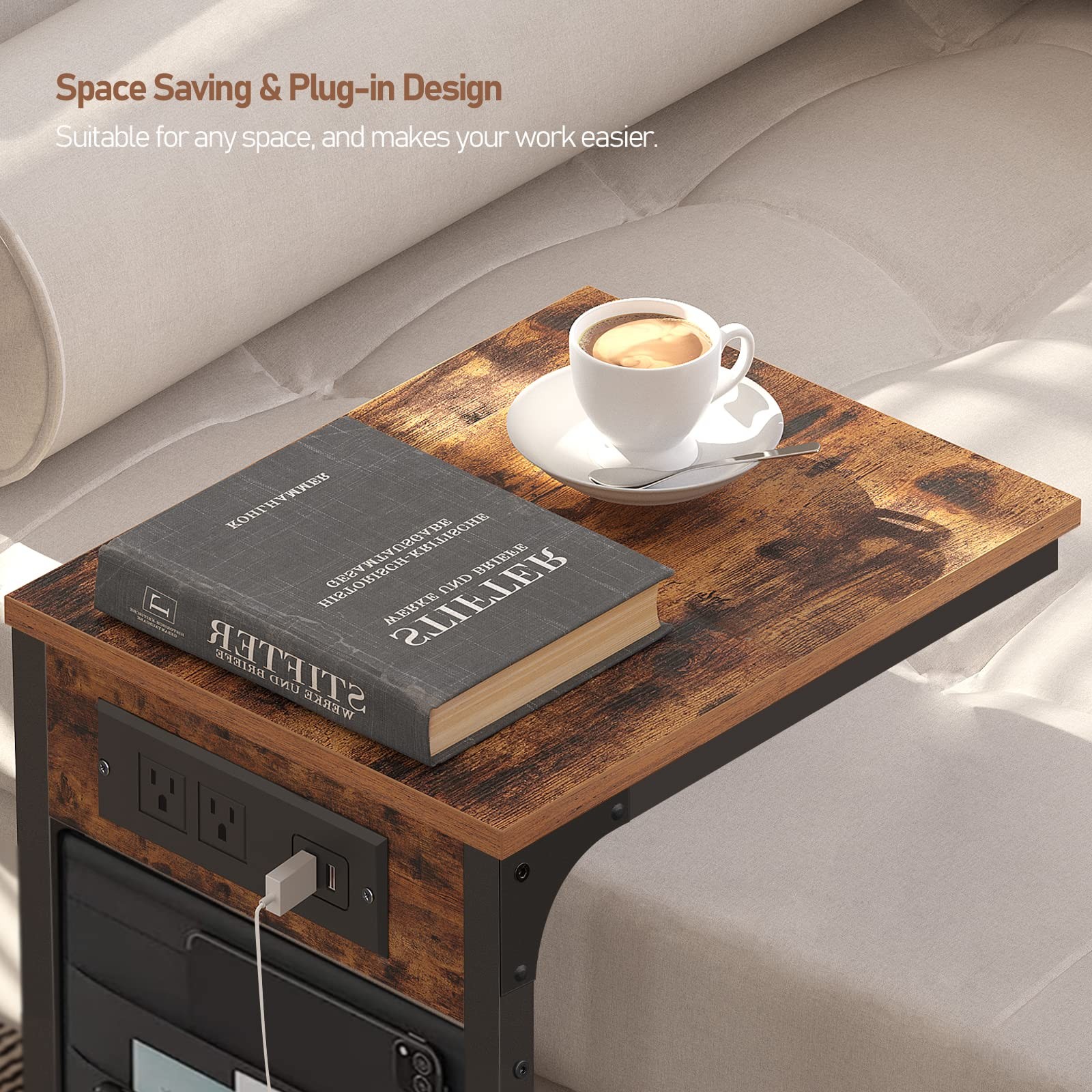 C Shaped End Table with Charging Station, Side Table for Sofa, Couch Table wi...