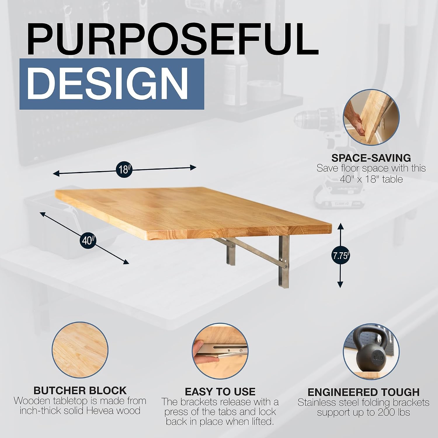 StoreYourBoard Wall Mounted Folding Workbench, Natural Wood Fold Down Work Table