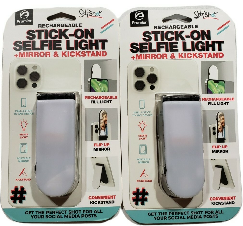 Premier Stick-On Selfie Light + Mirror and Kickstand for Smartphone Lot of 2 New