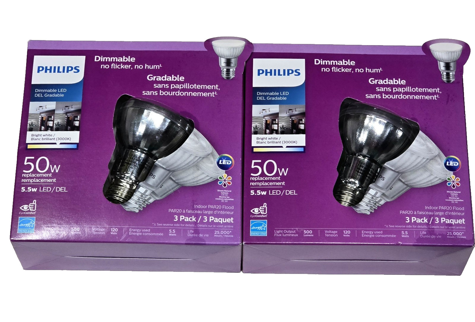 2 Packs Of 3 Philips Dimmable No Flicker 5.5w LED Indoor Par 20 Flood