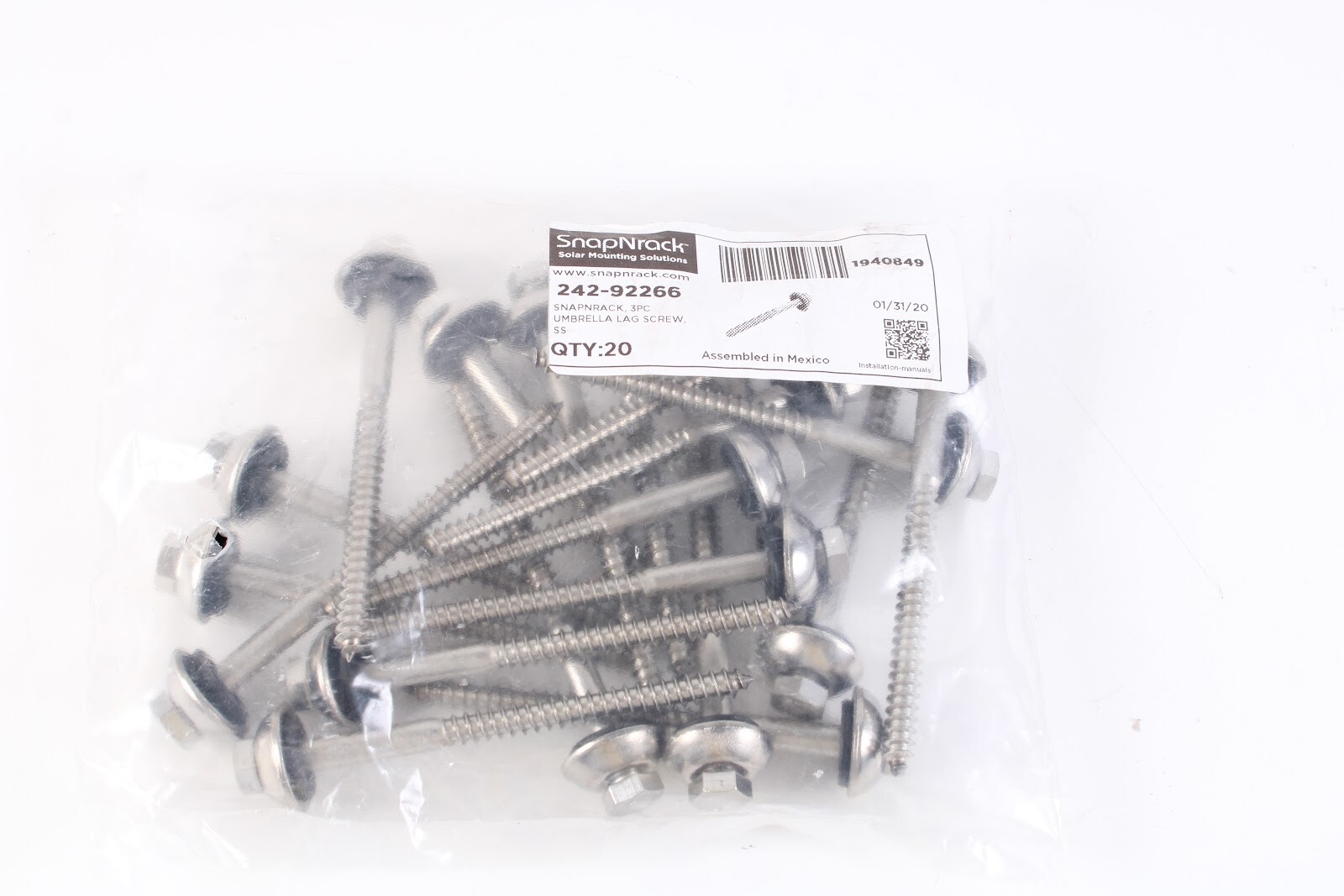 SnapNrack Ultra Rail 242-92266 3PC Umbrella 4" Lag Screw Stainless Steel QTY 20