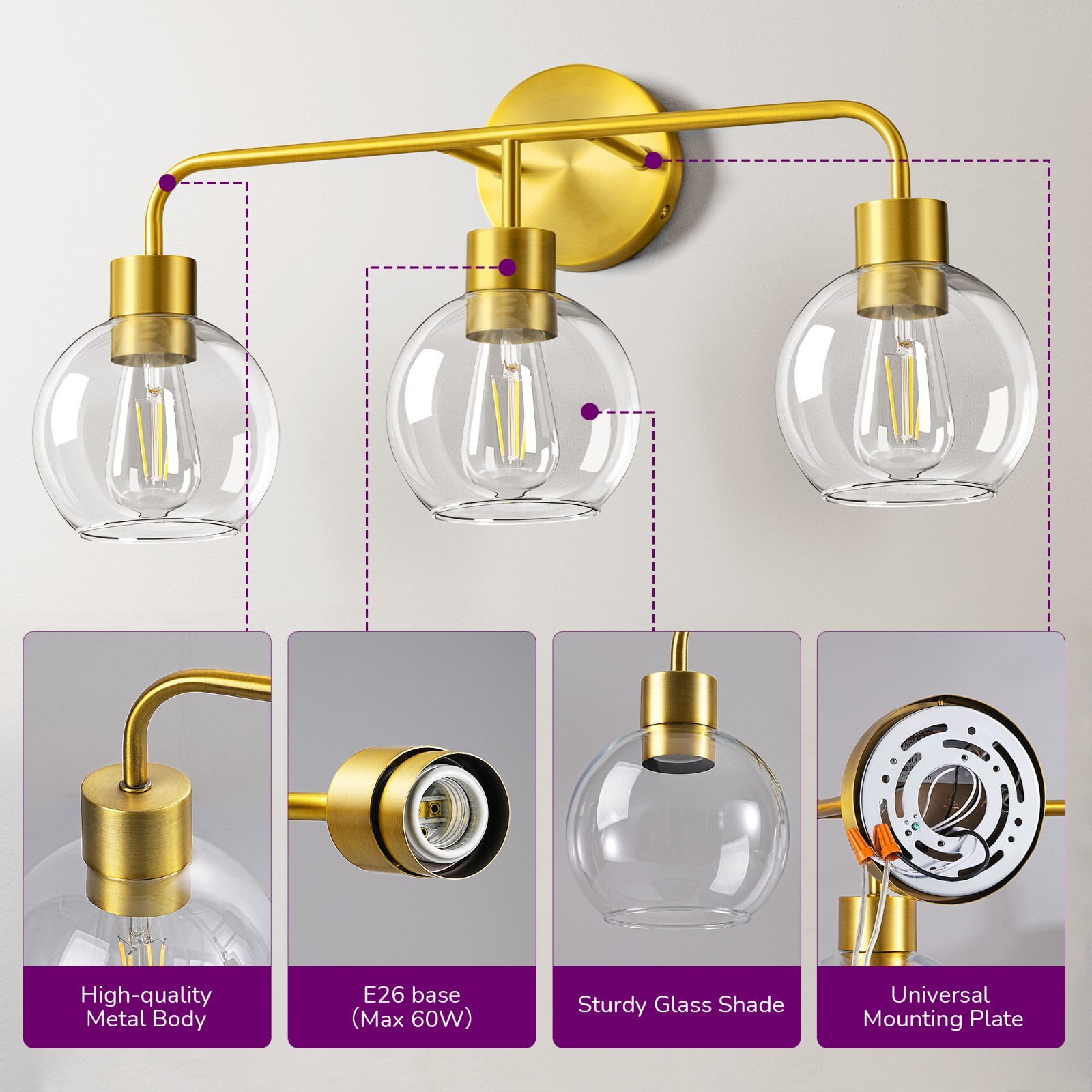 EDISHINE 3-Light Dimmable Vanity Light,With all the mounting hardware, dimmable
