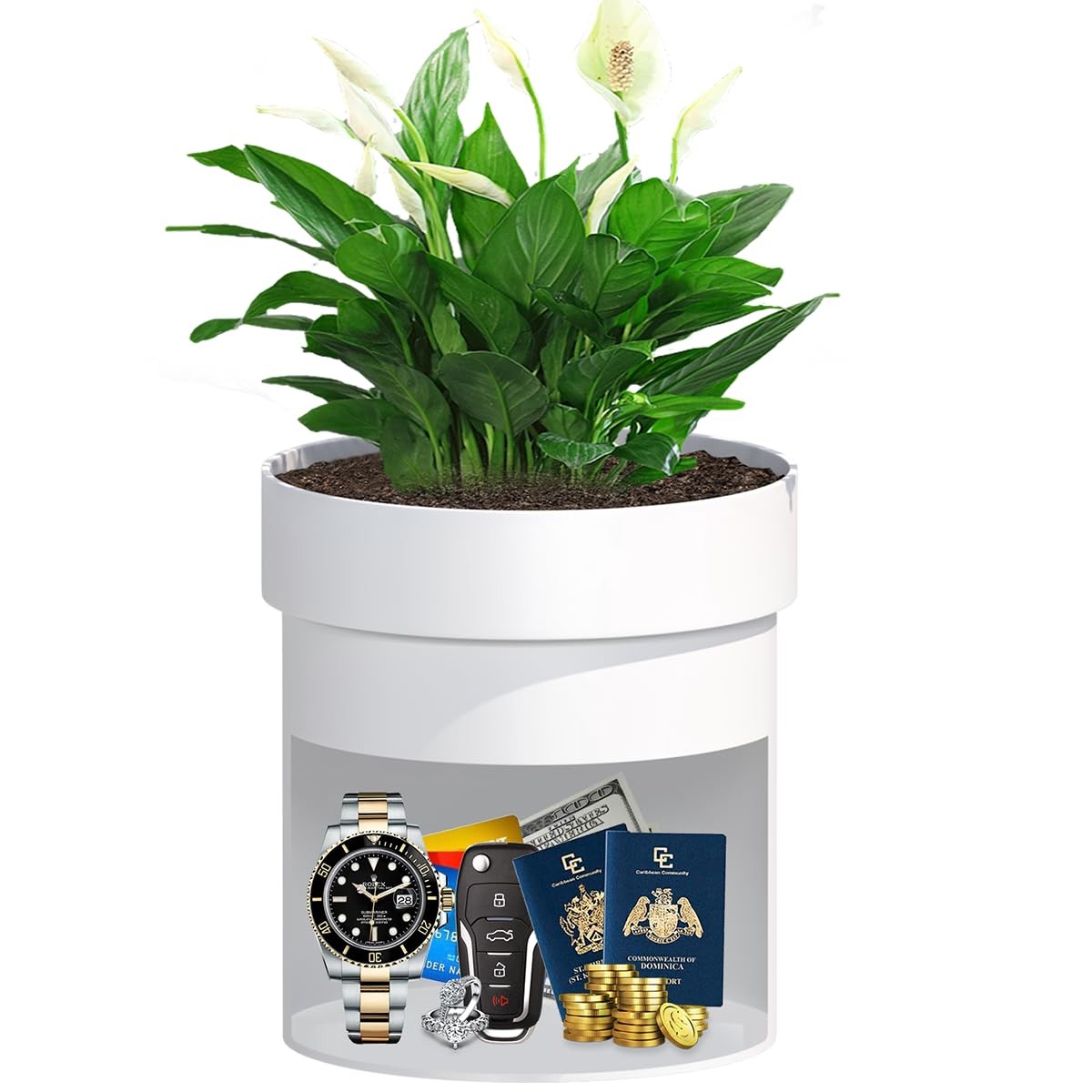 White Fireproof Waterproof Flower Pot Diversion Safe Key Lock Hidden Secret