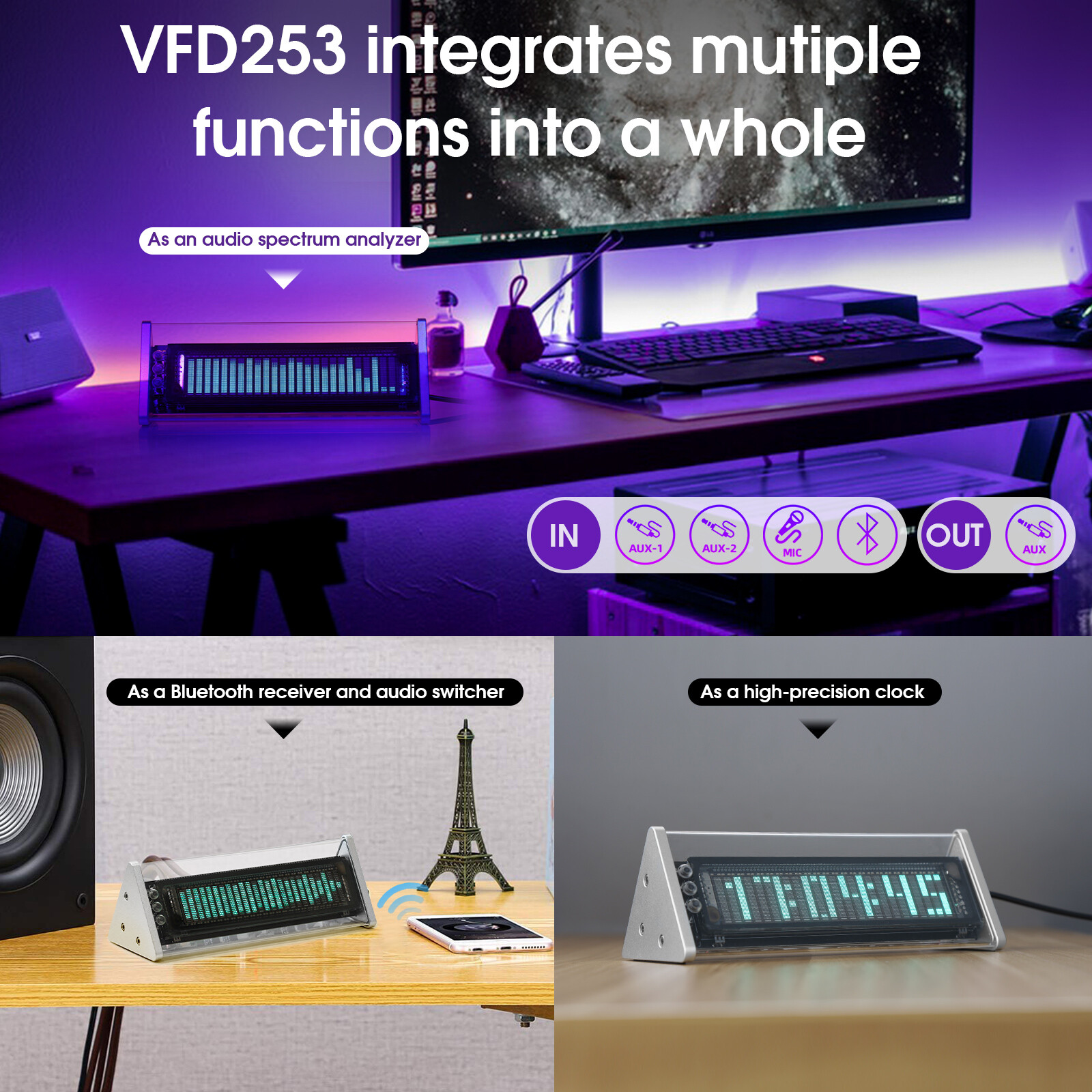 [Upgraded] VFD Audio Spectrum Analyzer Bluetooth 5.0 Receiver 3.5mm AUX Selector