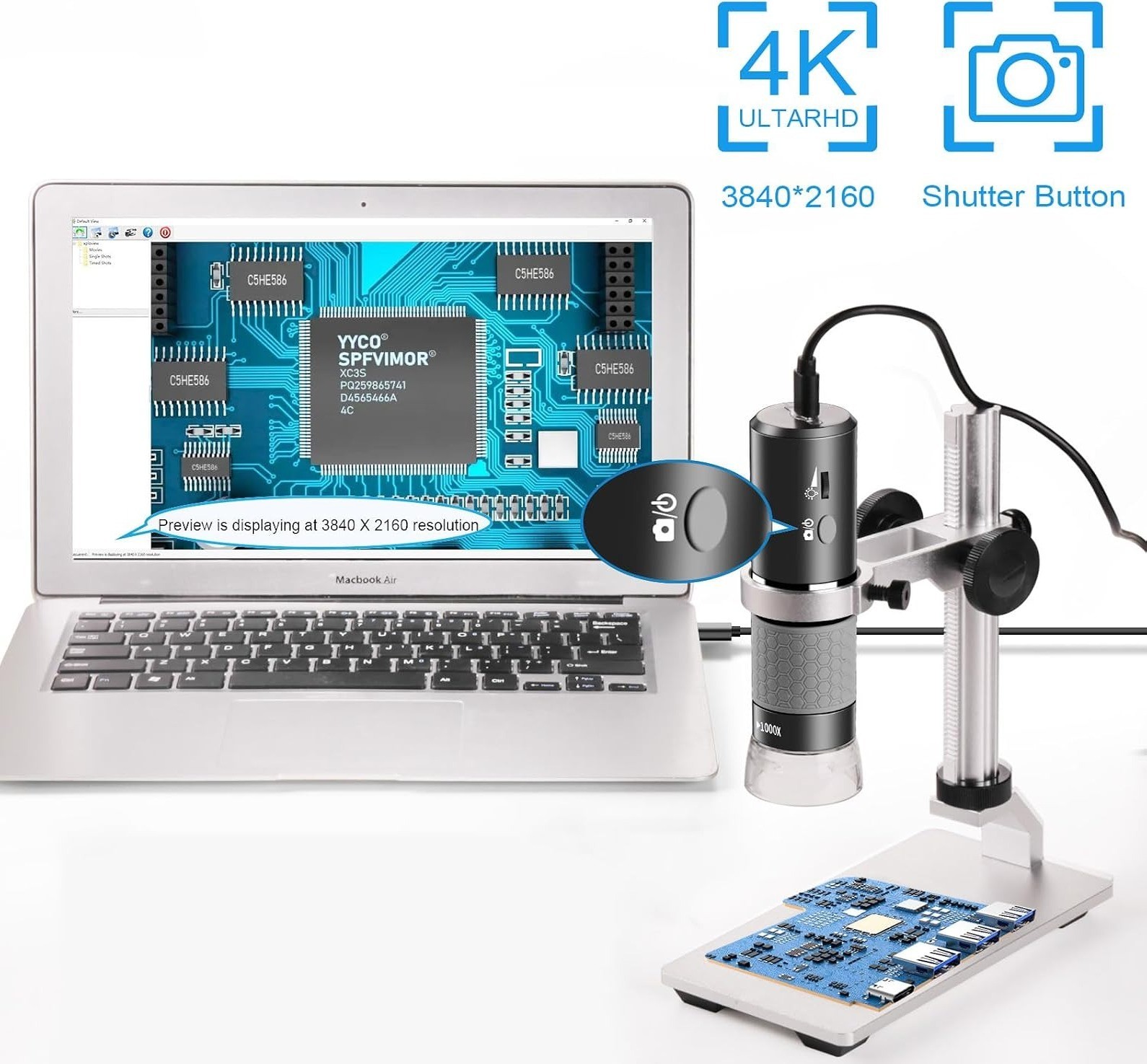 4K Digital Microscope 1000X WiFi USB Camera Metal Stand iPhone Android Windows