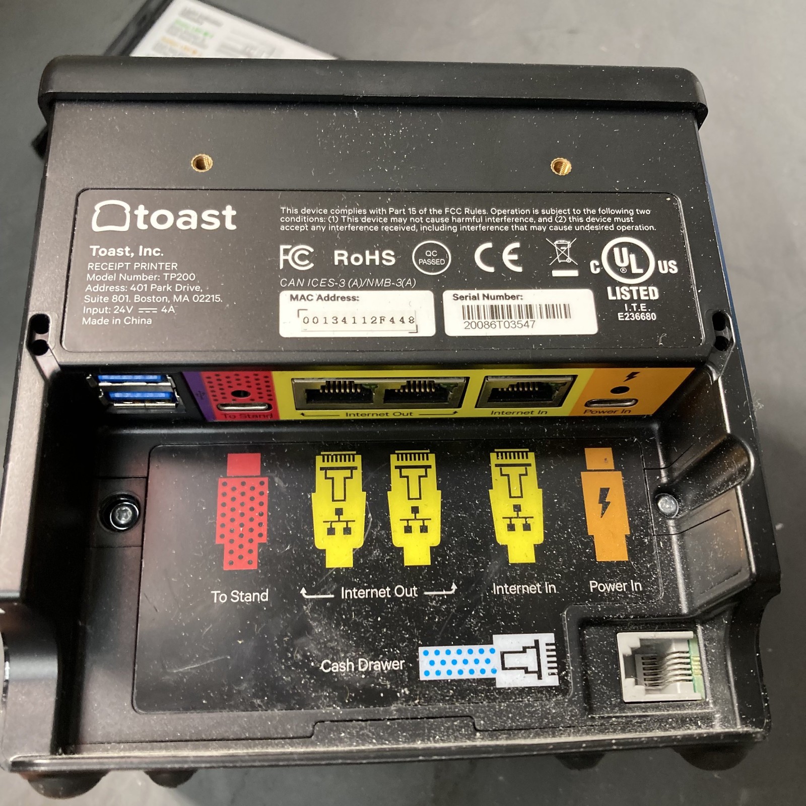 Toast Flex POS TP200 Thermal Receipt Printer With Power Cable