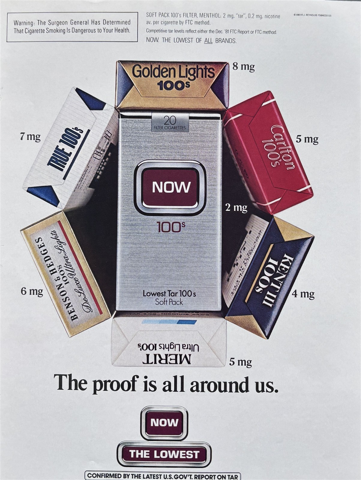 1983 NOW Cigarettes The Lowest The Proof Is All Around Us. Vintage PRINT AD