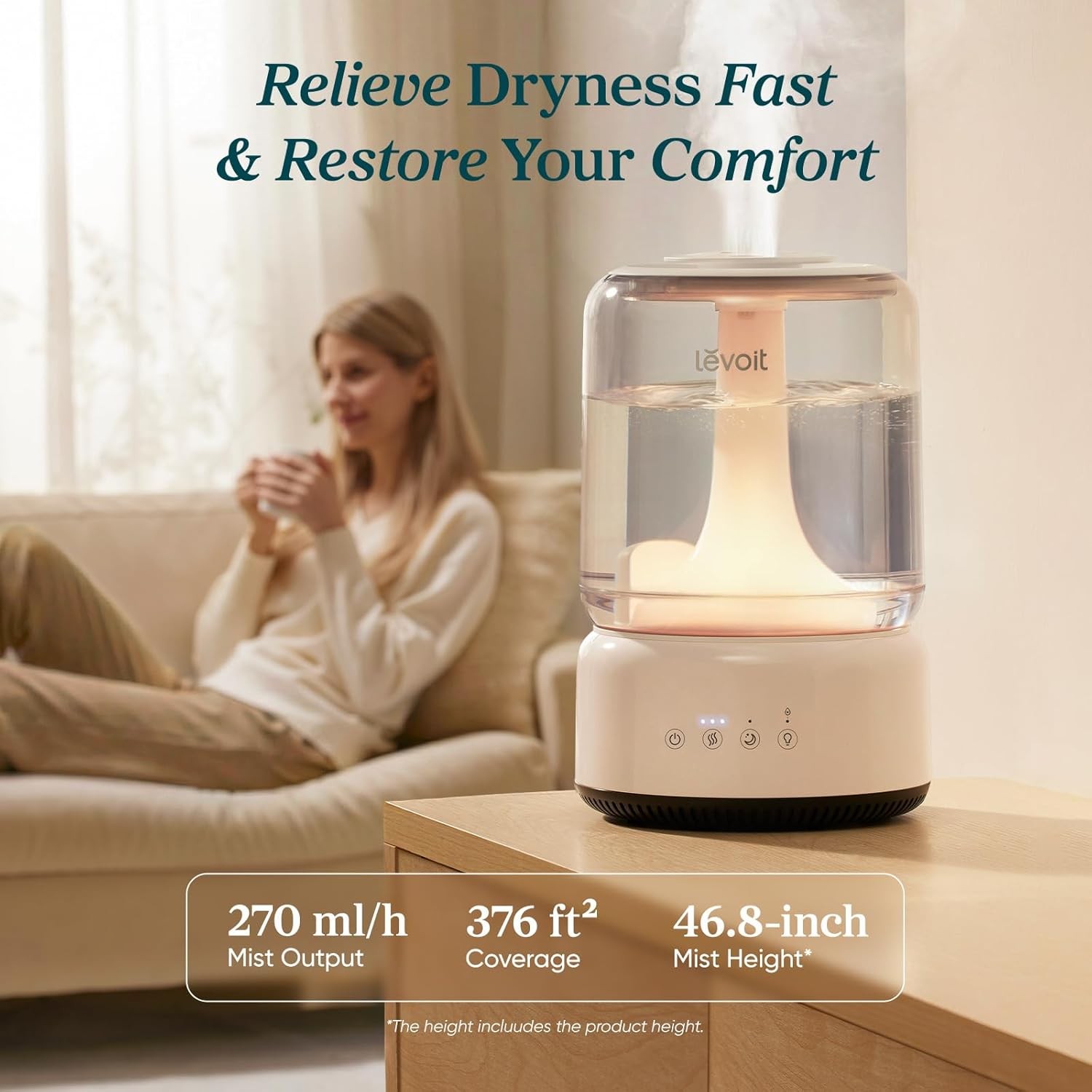 LEVOIT Humidifiers for Bedroom, 4.2L Top Fill for Large Room with 42H Runtime, D