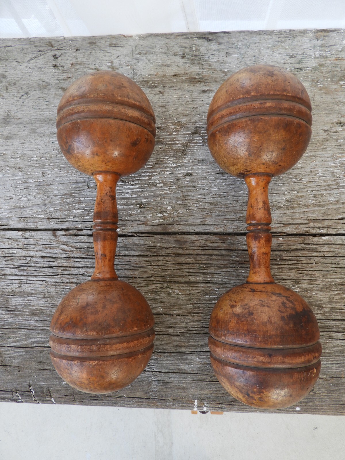 Vtg Primitive Wooden Dumbbell Set