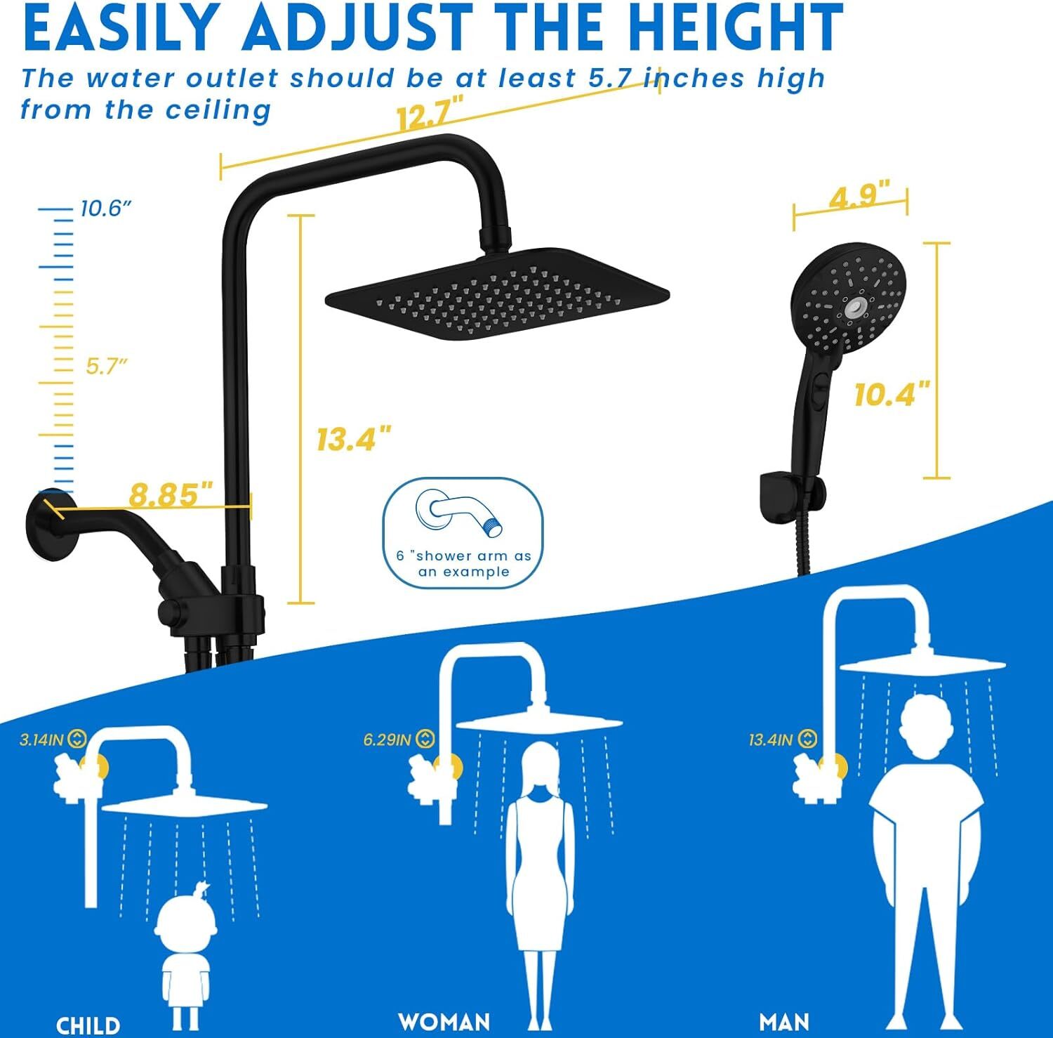 Dual Showerhead Combo, Black 8'' Rain Shower, 6 Adjustable Handholds